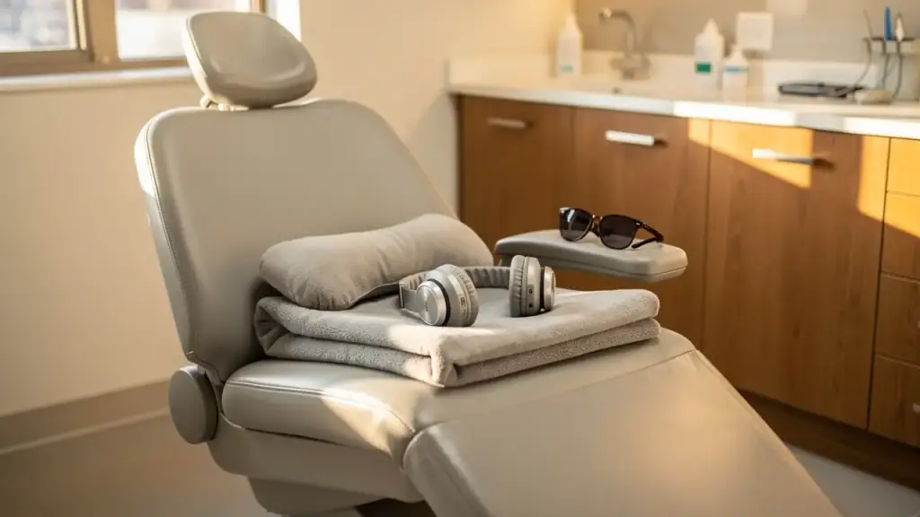 A folded fleece blanket and neck pillow on a dental chair, headphones on top and sunglasses on the armrest
