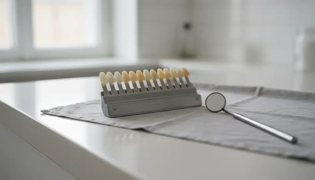 A porcelain shade guide of tooth-coloured tabs laid on grey linen next to a dental mirror