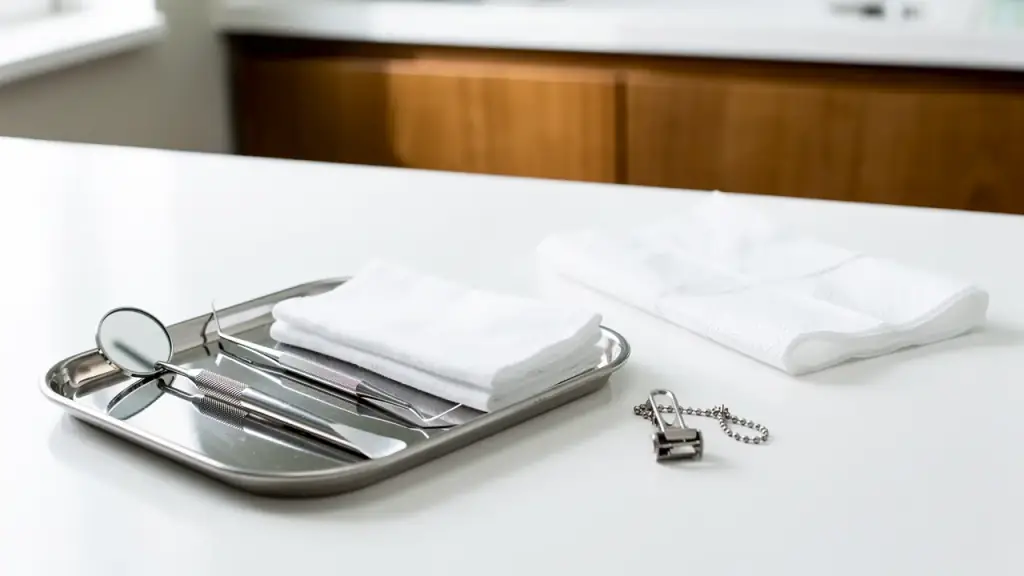 An exam tray with a mouth mirror, explorer and folded gauze beside a patient bib chain